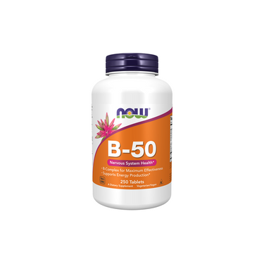 A white bottle of Now Foods Vitamin B-50 Complex 250 Tablets, featuring a purple cap and orange label, offers B vitamins to support nervous system health and cognitive function.